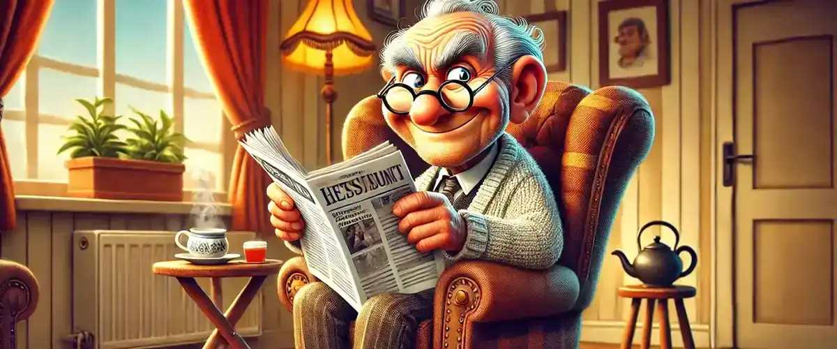 En AI-genererad bild på en gammal man som läser tidningen