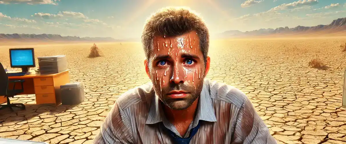 AI-genererad bild på en kontorsarbetare som sitter vid ett skrivbord och svettas ensam i öknen och tittar vädjandes in i kameran